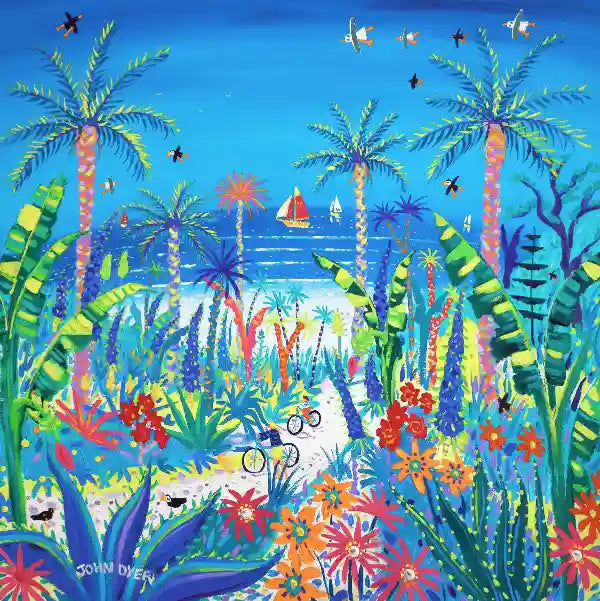 Colorful tropical scene with palm trees, flowers, and a bicycle on a beach.