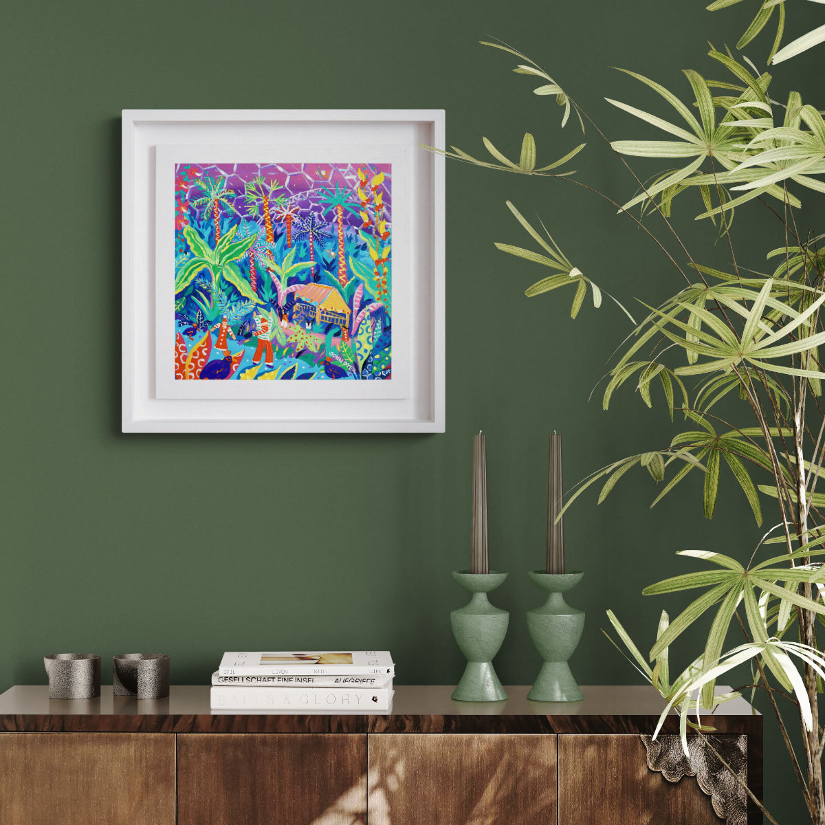 'Tropical Christmas Adventure, Eden Project'. 12 x 12 inches acrylic on canvas. Painting of the Eden Project by John Dyer