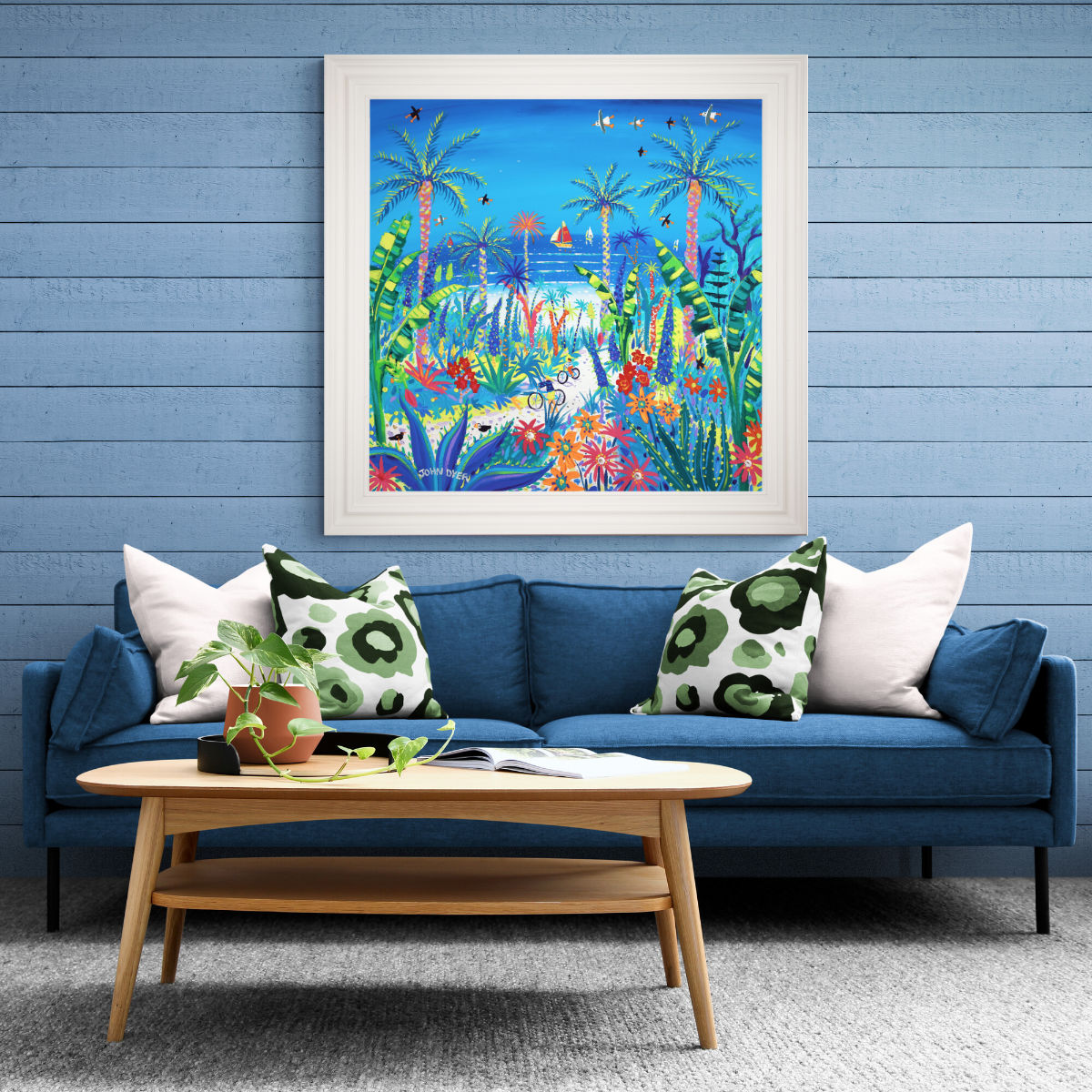 'Cycling through Paradise, Tresco', 100x100 cm acrylic on canvas. Painting of Cornwall by Cornish Artist John Dyer.