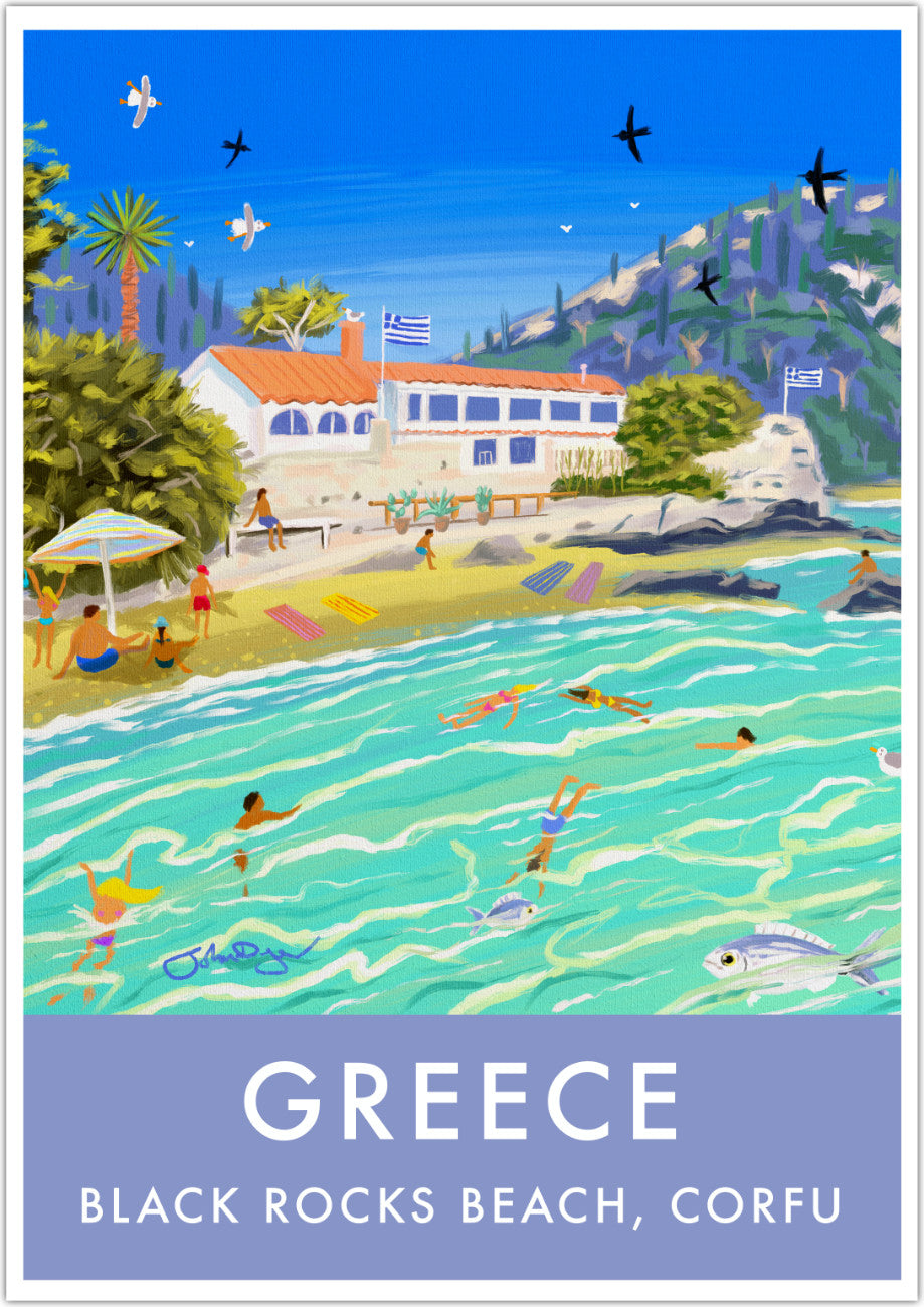 Greece Artwork Wall Art Poster Print by John Dyer. Sunlit Waters at Black Rocks Beach Corfu, Greece