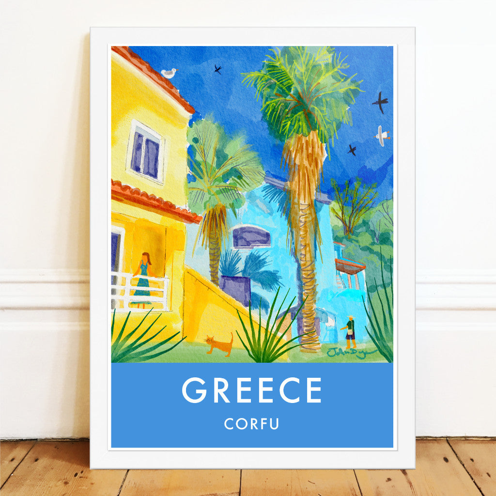 Greece Artwork Wall Art Poster Print by John Dyer. Sunlit Villa in Govino Bay, Corfu, Greece