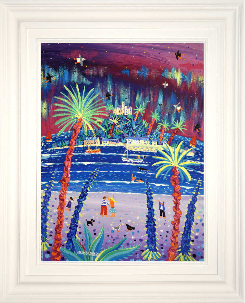 'Magical Cornish Aurora, St Michael’s Mount', 24x18 inches acrylic on canvas. Cornish Northern Lights Painting by British Artist John Dyer