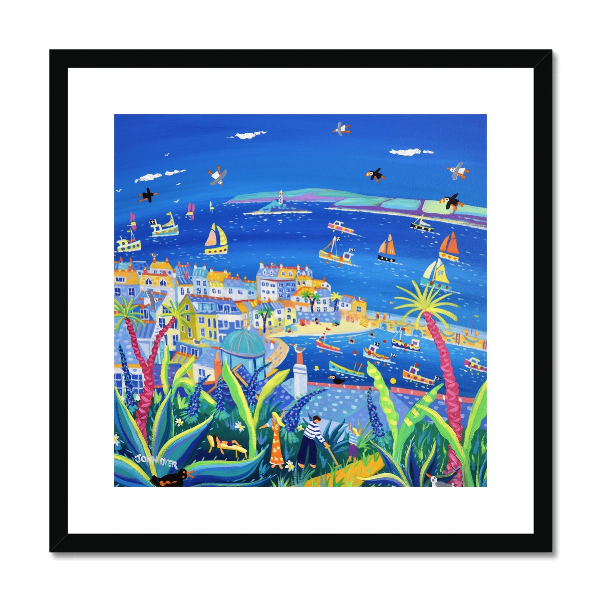 John Dyer Framed Open Edition Cornish Art Print. 'Enjoying the Garden, Barnoon Terrace, St Ives'. Cornwall Art Gallery