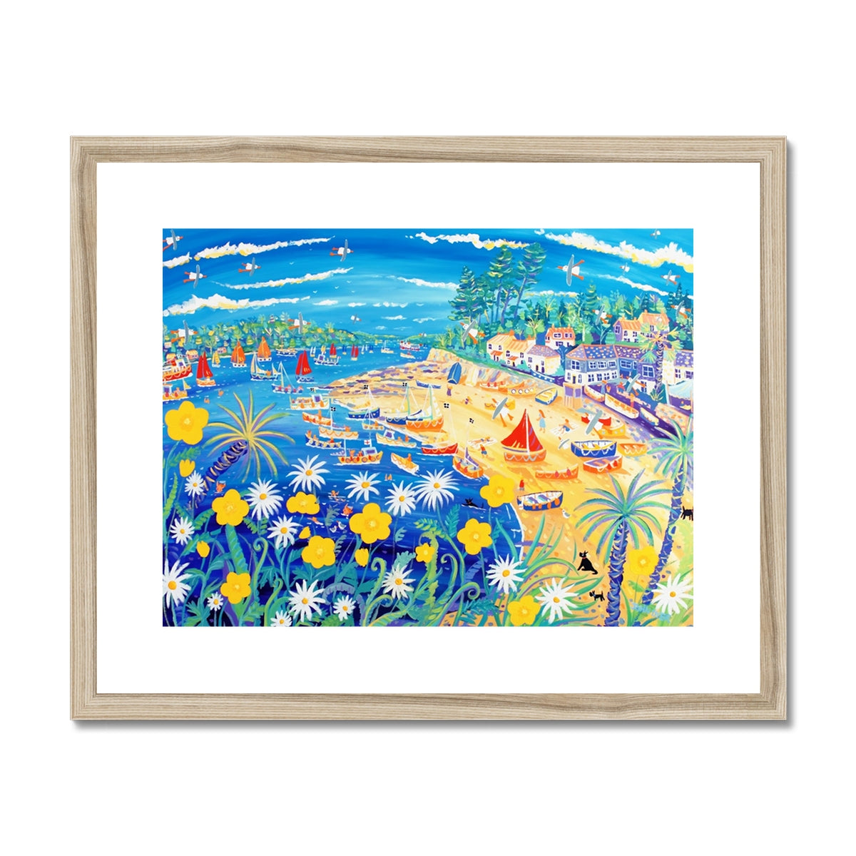 John Dyer Framed Open Edition Cornish Art Print. 'Buttercups and Bathers, Helford Passage, Cornwall'.