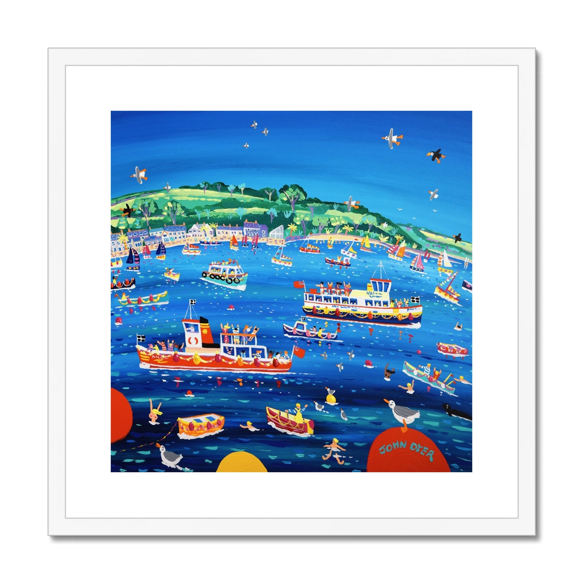 John Dyer Framed Open Edition Cornish Fine Art Print. Blue sky and Ferry Boats, Greenbank, Falmouth