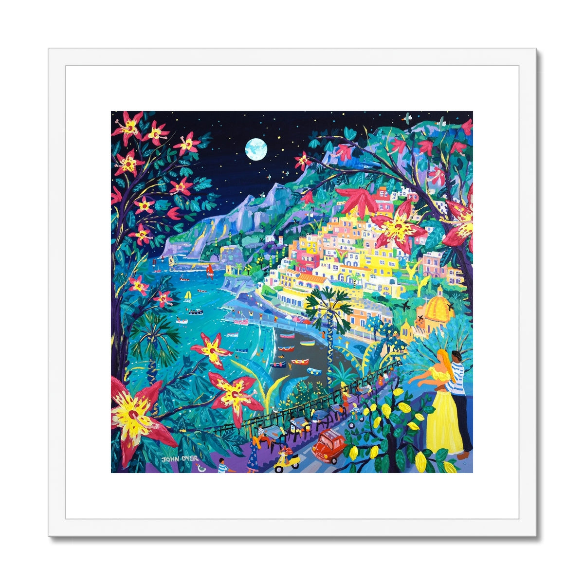 John Dyer Framed Open Edition Italian Fine Art Print. &#39;Love under an Italian Full Moon, Positano, Italy&#39;. Italy Art Gallery