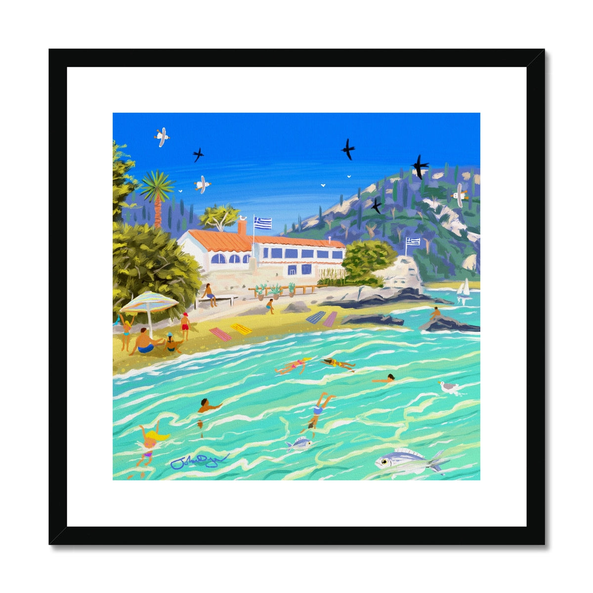 John Dyer Greece Artwork. Framed Open Edition Art Print. 'Sunlit Waters at Black Rocks Beach, Corfu'. Greek Art Gallery