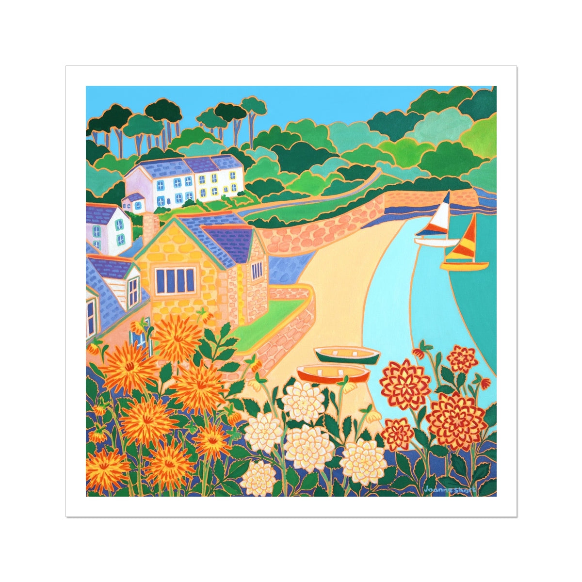 Joanne Short Open Edition Fine Art Print. &#39;Dahlias and Dinghies, Durgan, Helford River&#39;. Cornwall Art Gallery Print