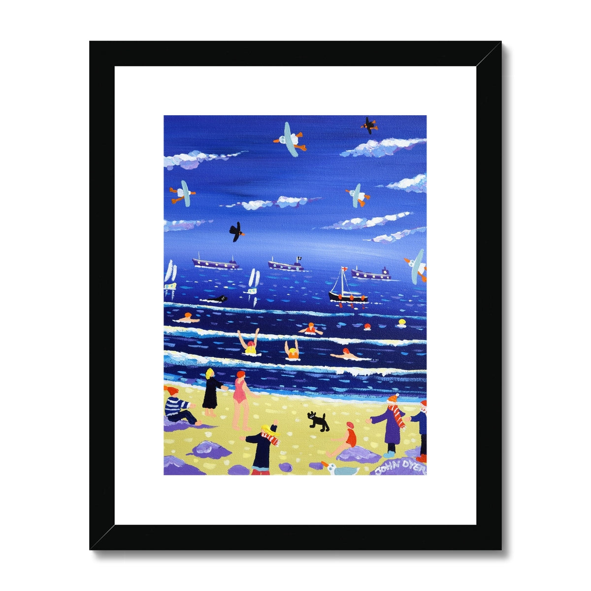 John Dyer Framed Open Edition Cornish Art Print. &#39;Chilly Dippers - Cold Water Swimming, Gyllyngvase Beach, Cornwall &#39;.