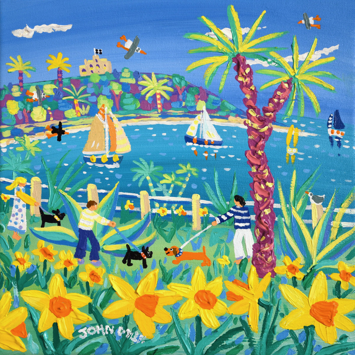 &#39;Daffodil Walkies, Falmouth&#39;, 12x12 inches acrylic on canvas. Cornwall Painting with Dogs by British Artist John Dyer.