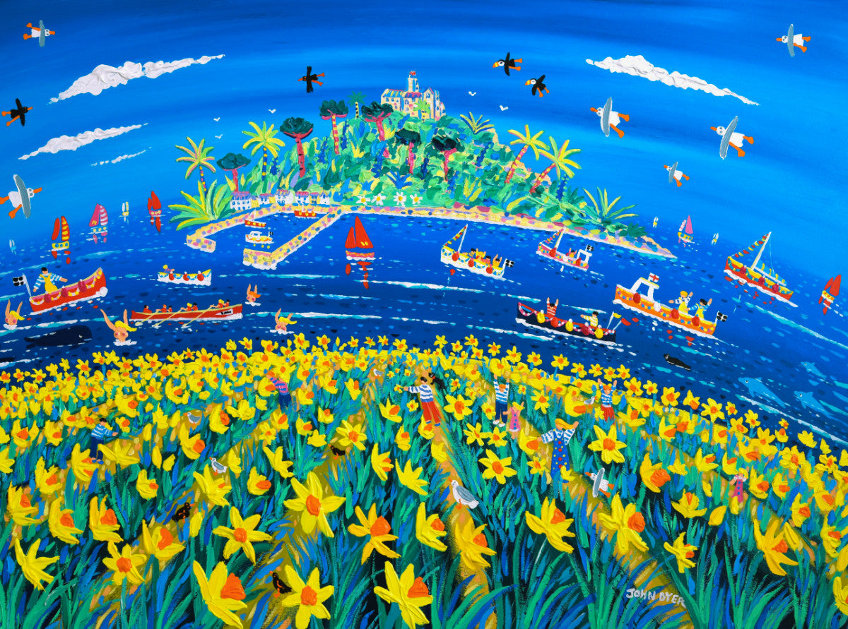 'Daffodil Days at St Michael's Mount', 36 x 48 inches acrylic on canvas. Painting of St Michael's Mount Cornwall by Cornish Artist John Dyer