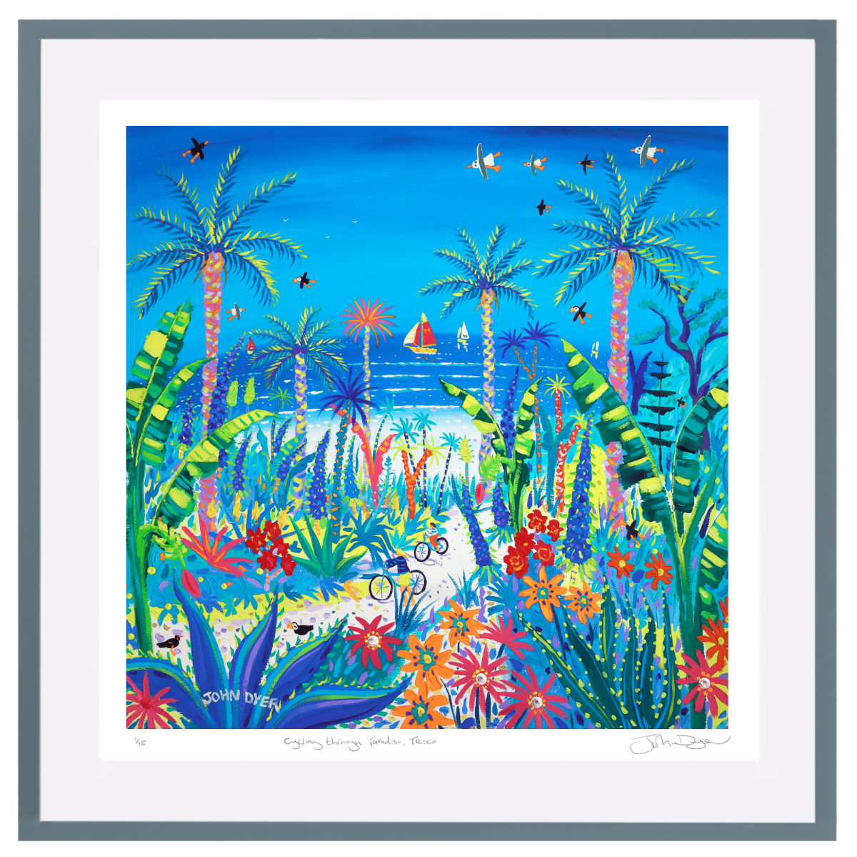 'Cycling through Paradise, Tresco'. Framed Special Limited Edition Print by John Dyer. Dark grey frame.