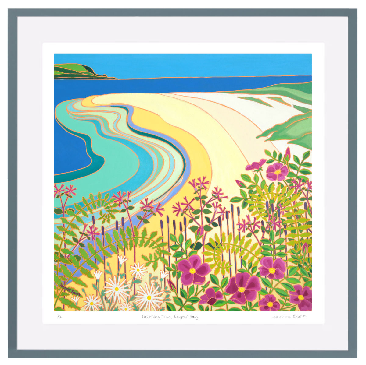 'Incoming Tide, Daymer Bay’ – Framed Special Limited Edition Print of the Camel Estuary Cornwall by Joanne Short. Dark grey frame