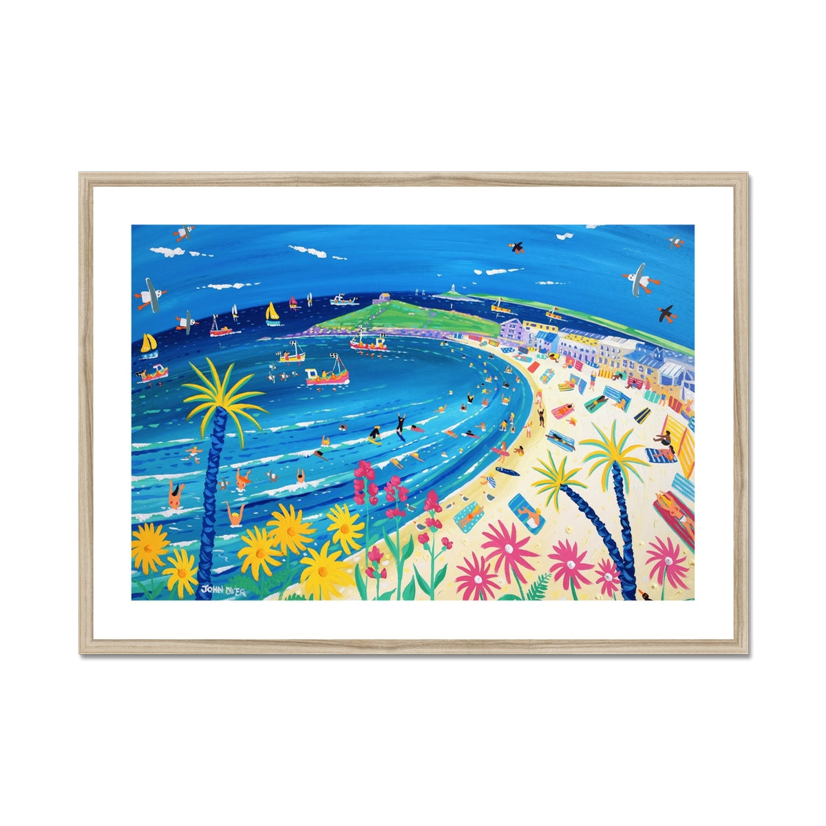 John Dyer Framed Open Edition Cornish Art Print. 'Tropical Days at Porthmeor Beach, St Ives'. Cornwall Art Gallery