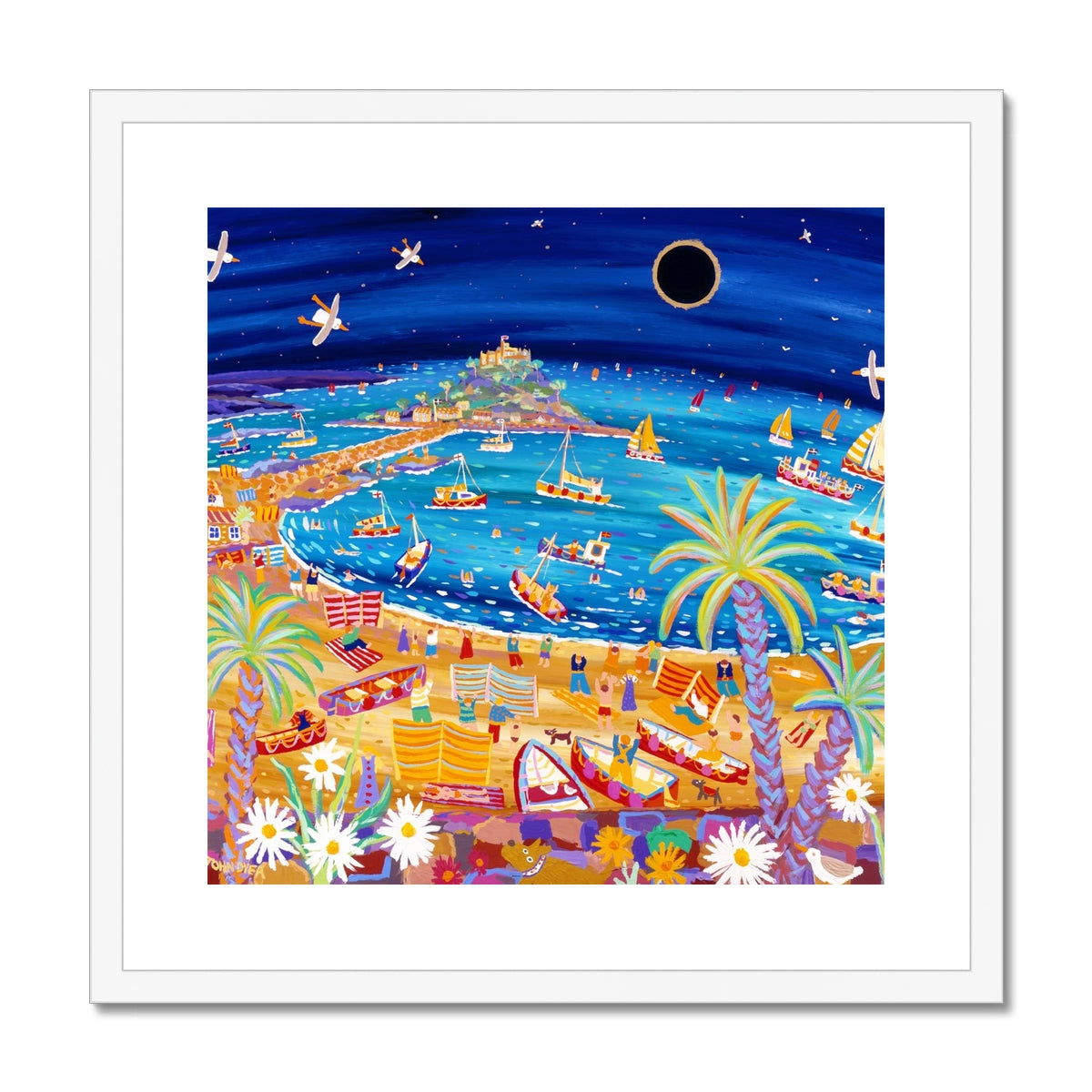 John Dyer Framed Open Edition Cornish Art Print. 'Excitement under the Stars, Mounts Bay Eclipse, Cornwall'.