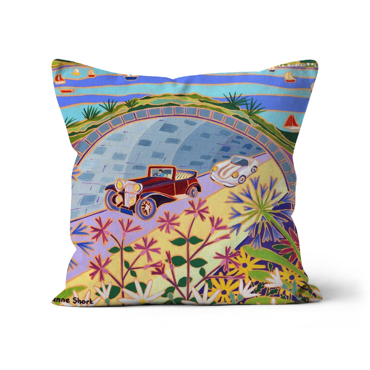Fowey Classic Car Parade 'Parading through the Pinnock Tunnel,' Art Cushion by Joanne Short