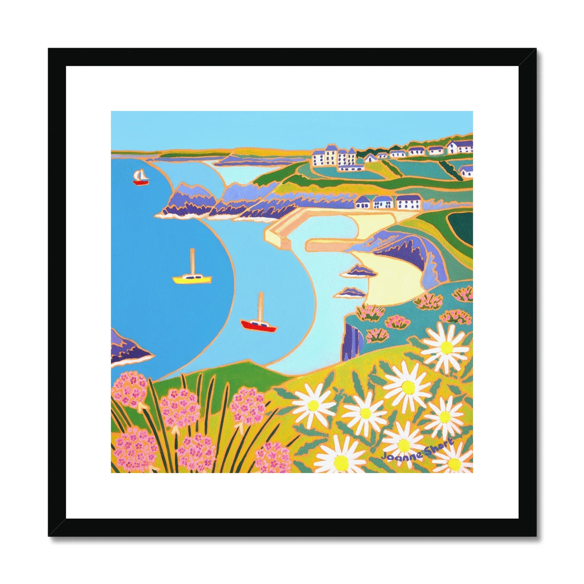 Joanne Short Framed Open Edition Cornish Art Print. 'Wildflowers on the Cliffs, Mullion'.