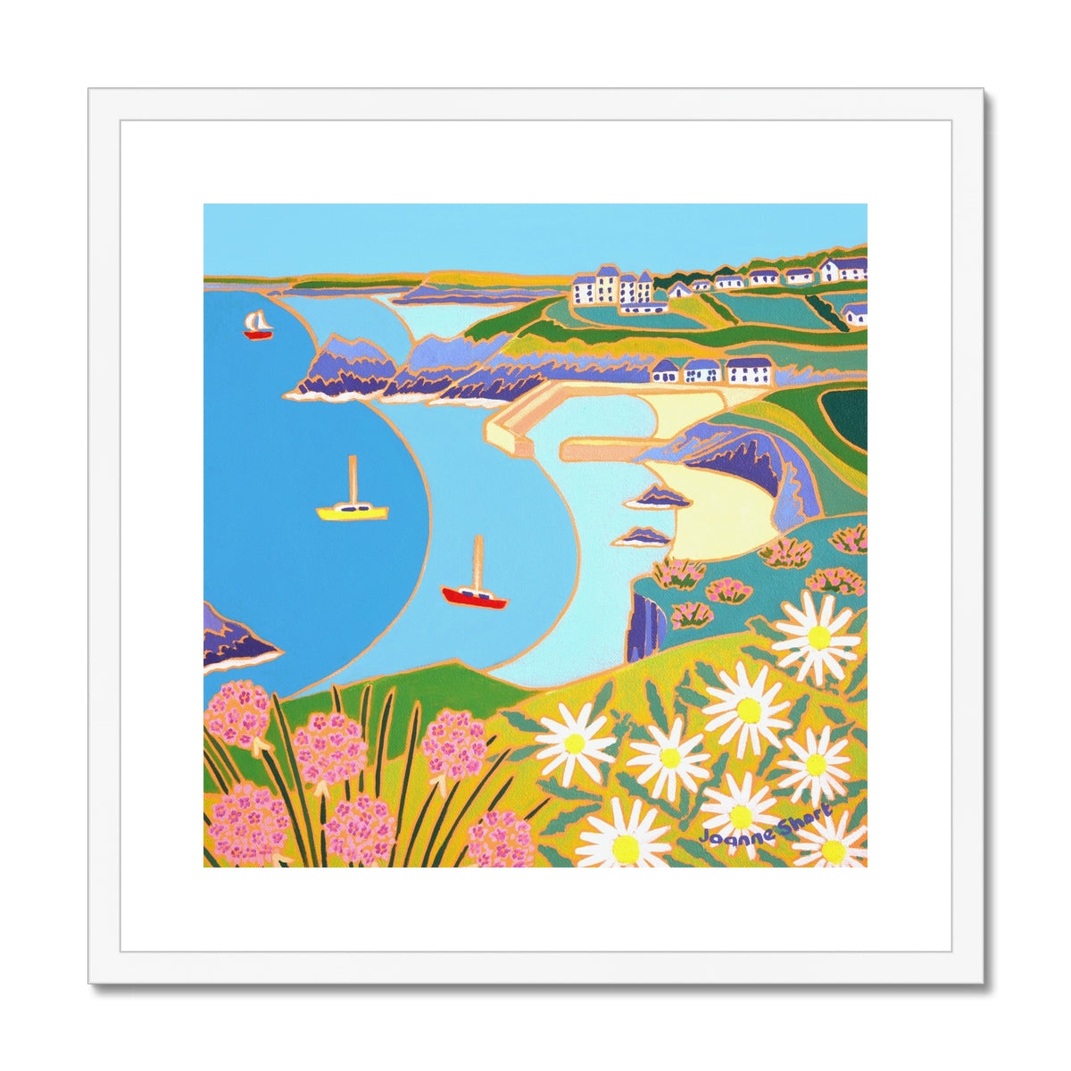 Joanne Short Framed Open Edition Cornish Art Print. 'Wildflowers on the Cliffs, Mullion'.