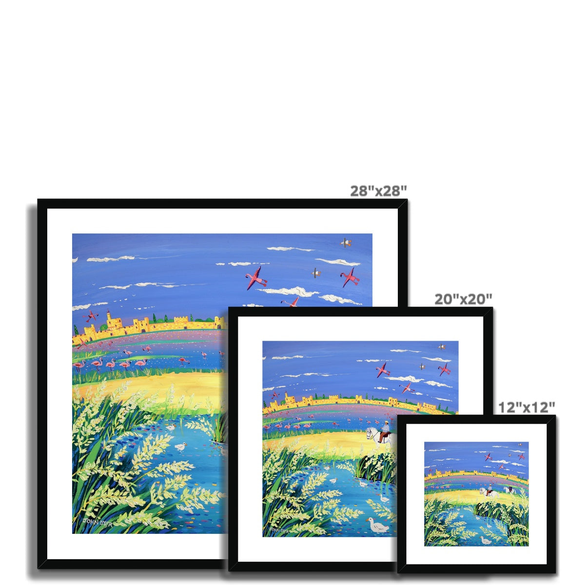 John Dyer Framed Open Edition French Art Print. 'The Spirit of the Camargue, White Horses, Rice and Flamingoes, Aigues-Mortes, Provence'.
