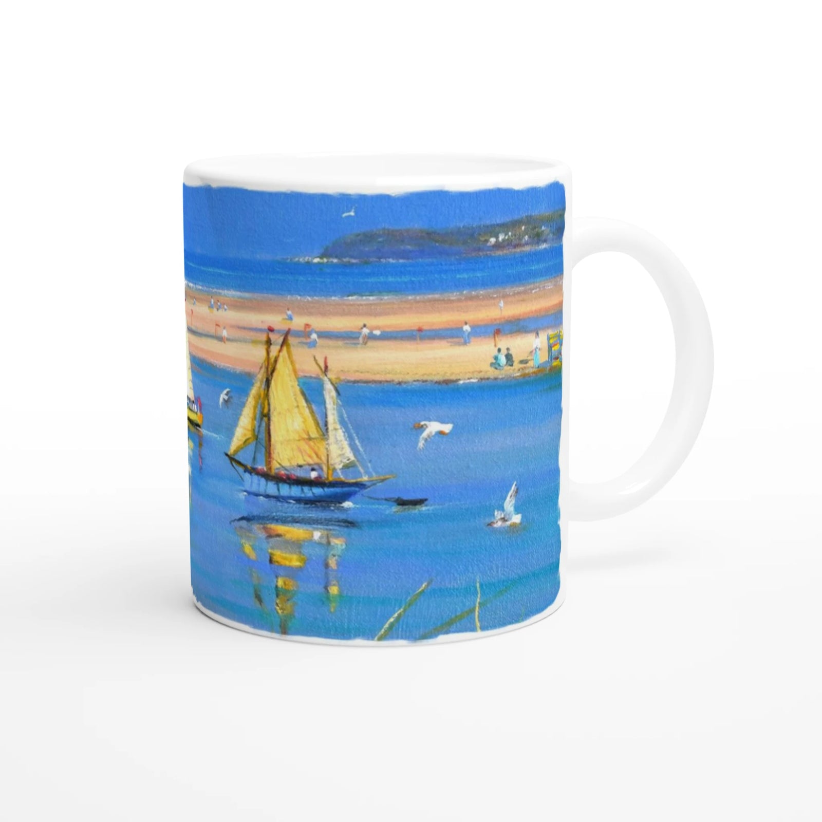 Ted Dyer Ceramic Cornish Art Mug. Paintings on Mugs Range. Godrevy Lighthouse and Gwithian, Cornwall