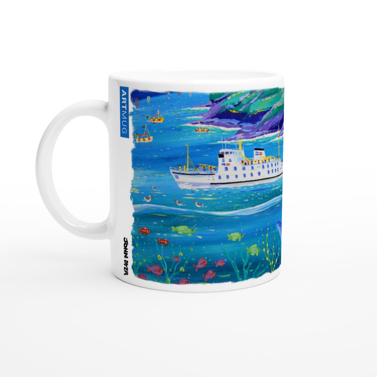 John Dyer Ceramic Cornish Art Mug. Scillonian Ferry, Humpback Whale, Botallack, Cornwall