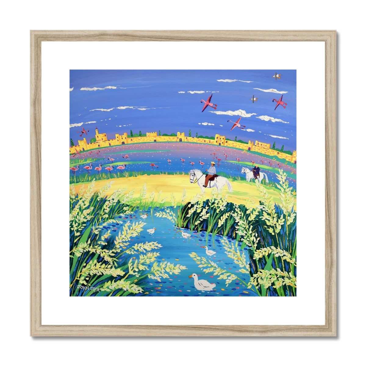 John Dyer Framed Open Edition French Art Print. 'The Spirit of the Camargue, White Horses, Rice and Flamingoes, Aigues-Mortes, Provence'.