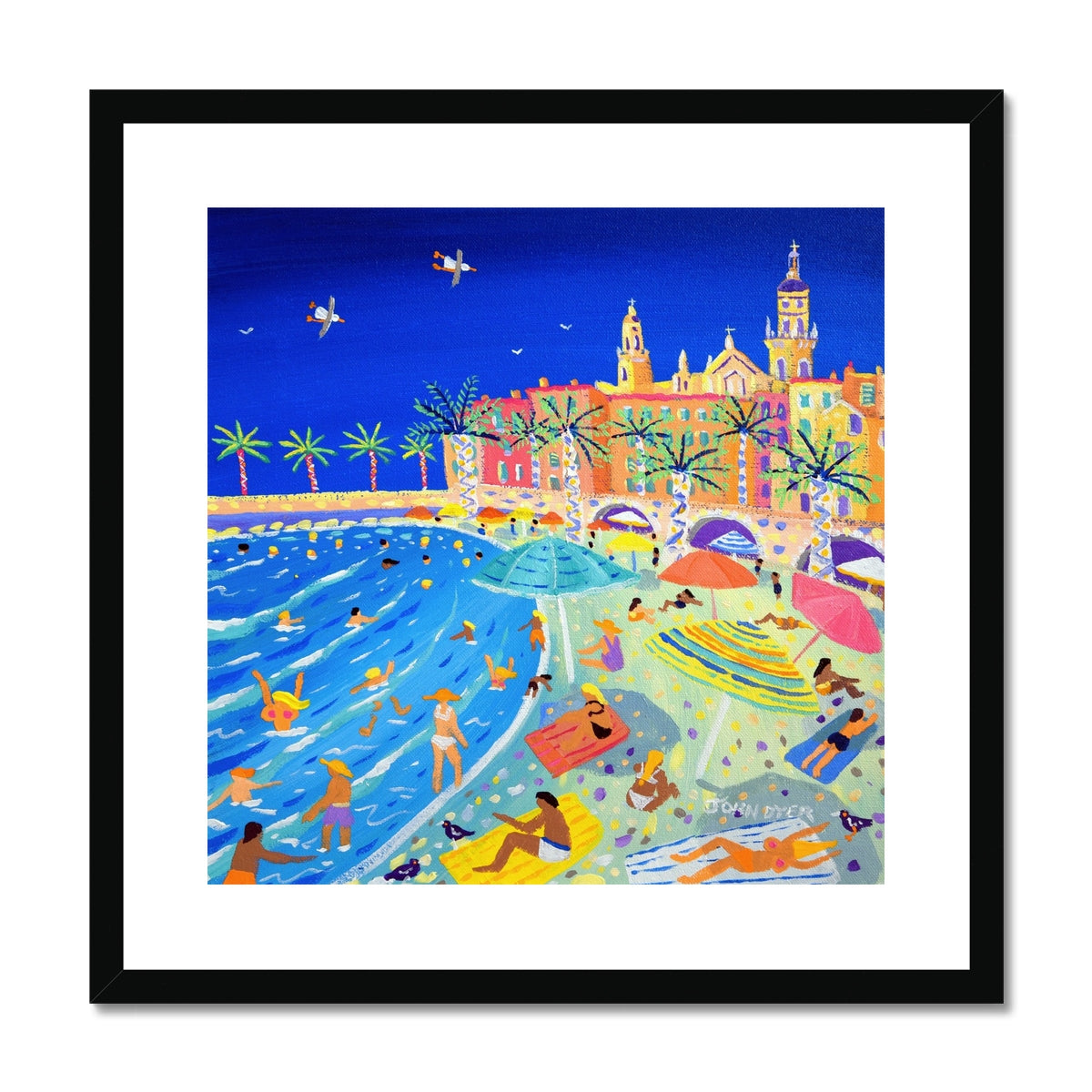 John Dyer Framed Open Edition French Art Print. 'High Summer, Menton Old Town, France'. Black frame