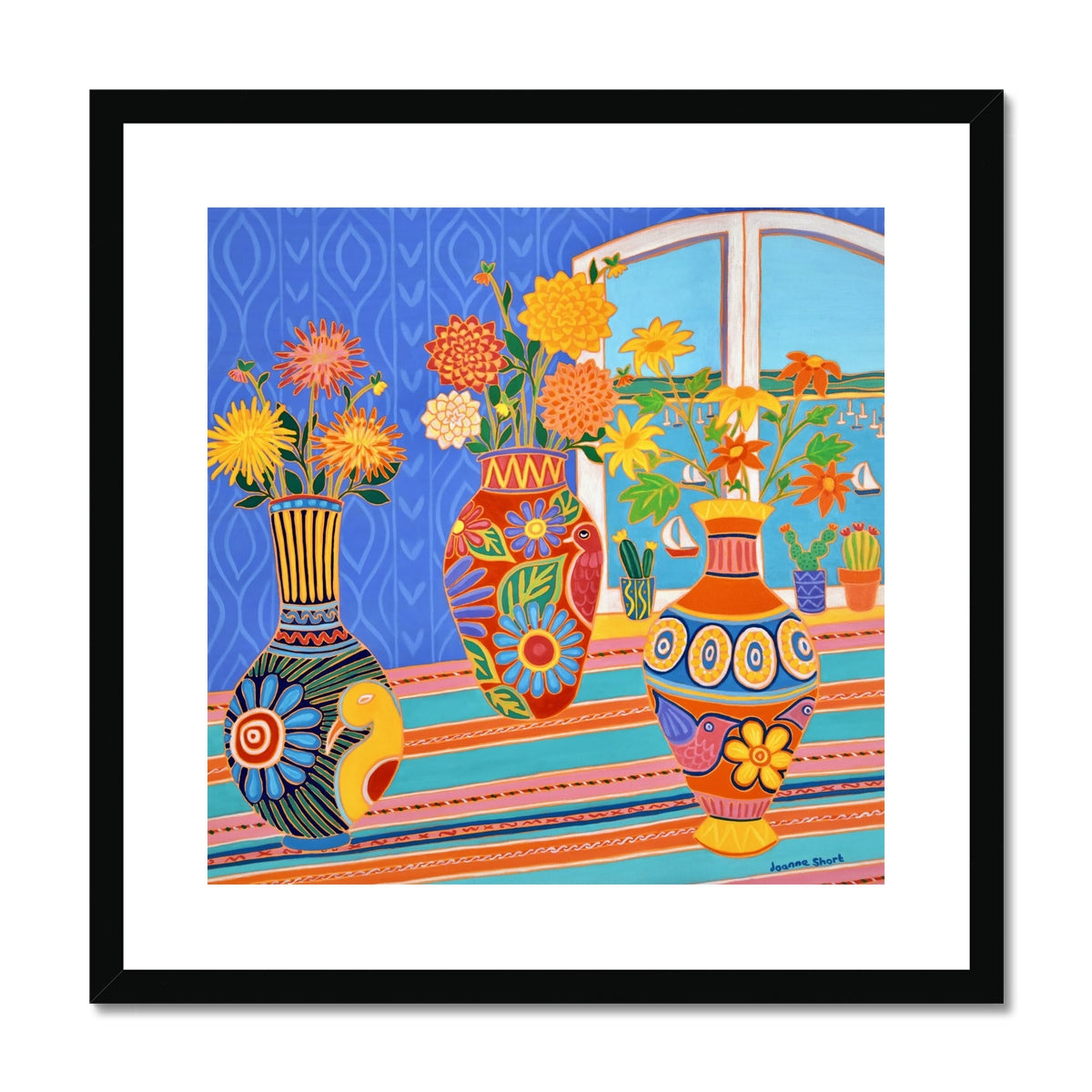 Joanne Short Framed Open Edition Cornish Art Print. 'Fiesta of Flowers in Mexican Vases'. Cornwall Art Gallery, Fowey