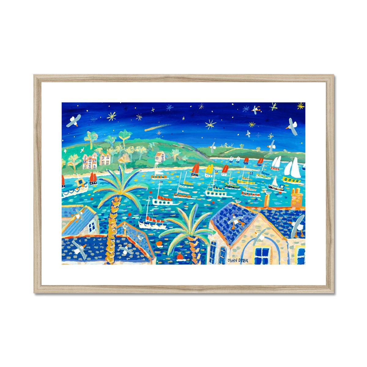 John Dyer Framed Open Edition Cornish Art Print. 'Sailing Beneath the Comet, Falmouth, Cornwall'.