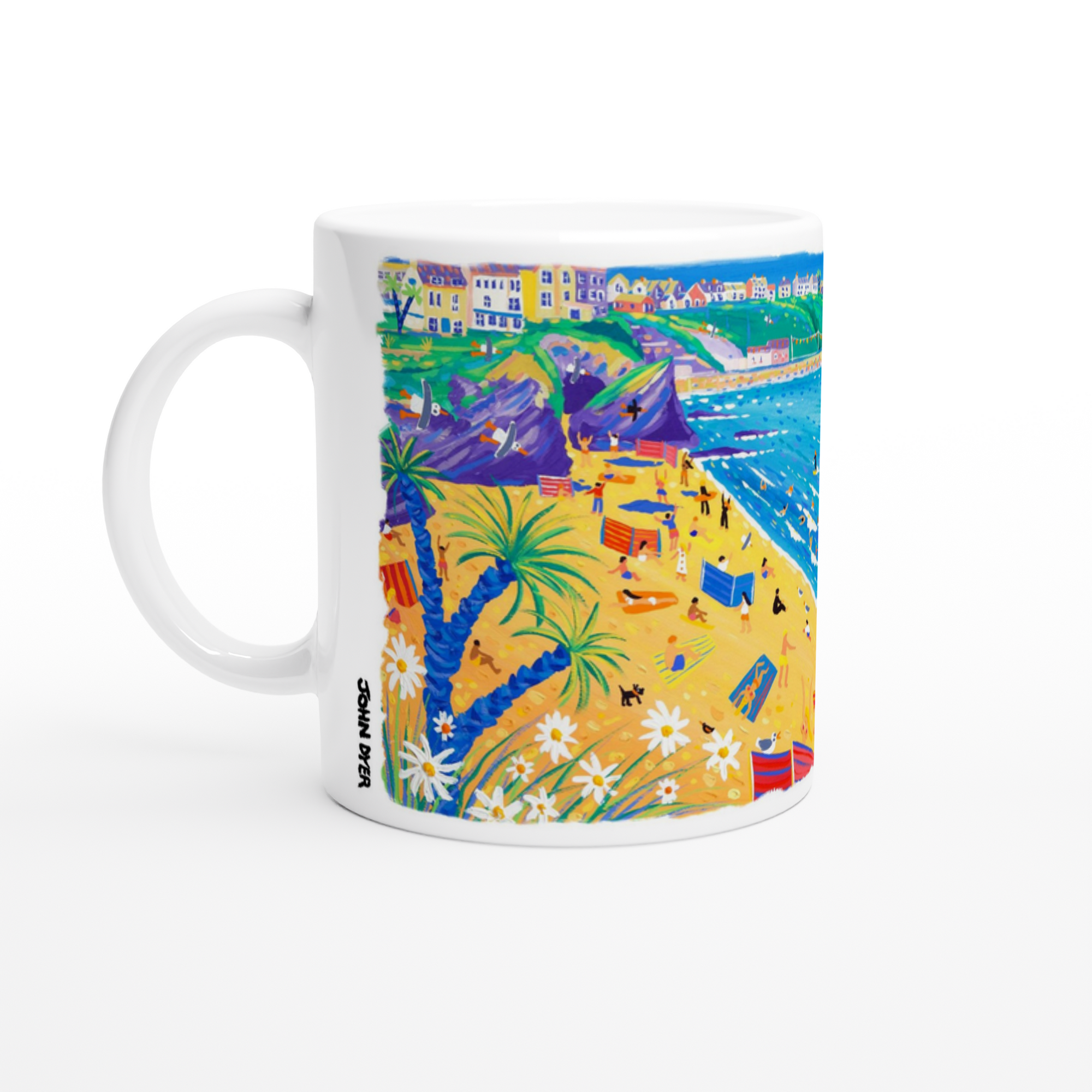 John Dyer Ceramic Cornish Art Mug. Surfing and Sunbathing Great Western Beach, Newquay