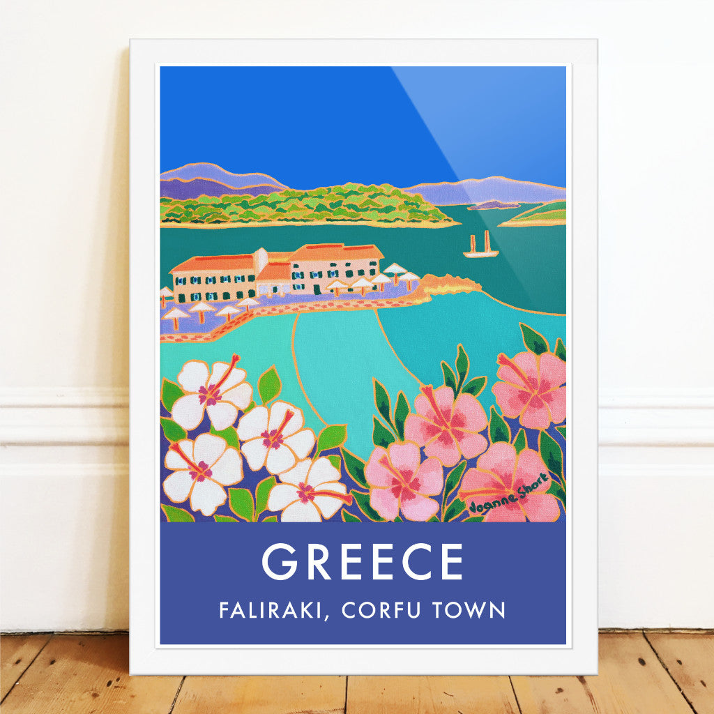 Greek Print of Hibiscus and Turquoise Sea, Faliraki, Corfu Town. Vintage Style Travel Poster Art Print by Joanne Short. Greece Artwork