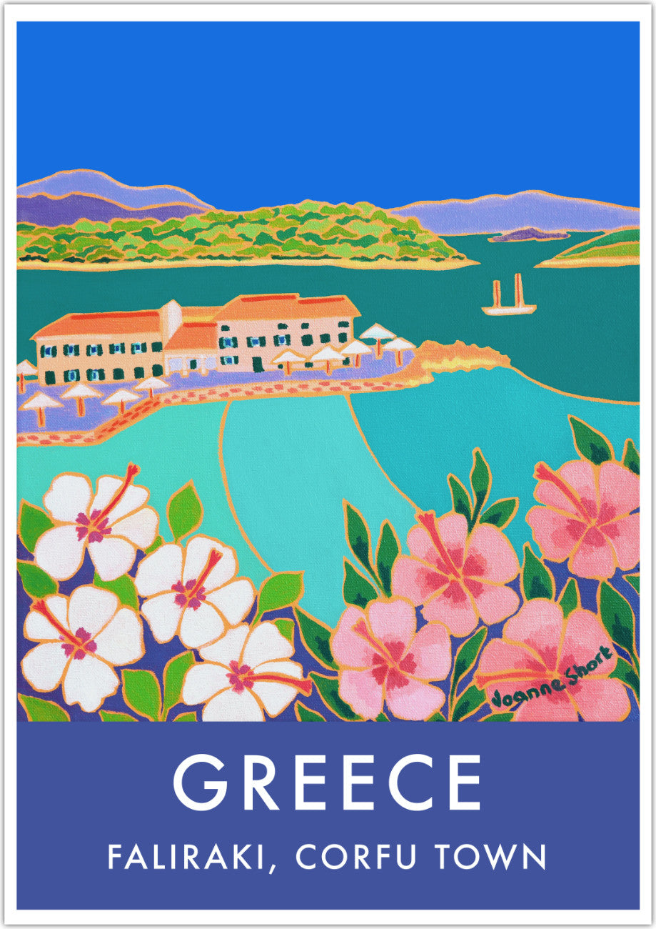 Greek Print of Hibiscus and Turquoise Sea, Faliraki, Corfu Town. Vintage Style Travel Poster Art Print by Joanne Short. Greece Artwork