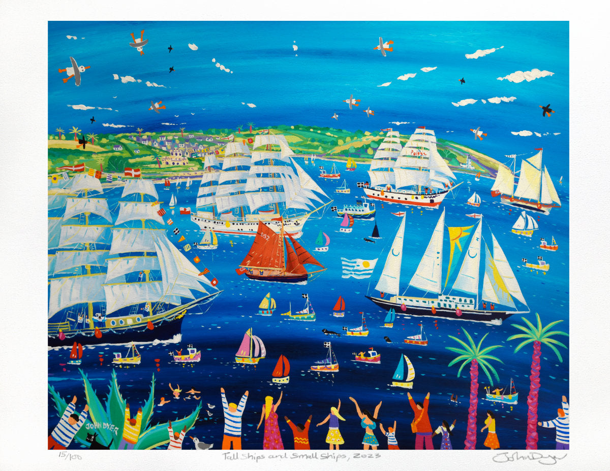 Limited edition signed print by artist John Dyer of the Falmouth Tall Ships parade of sail