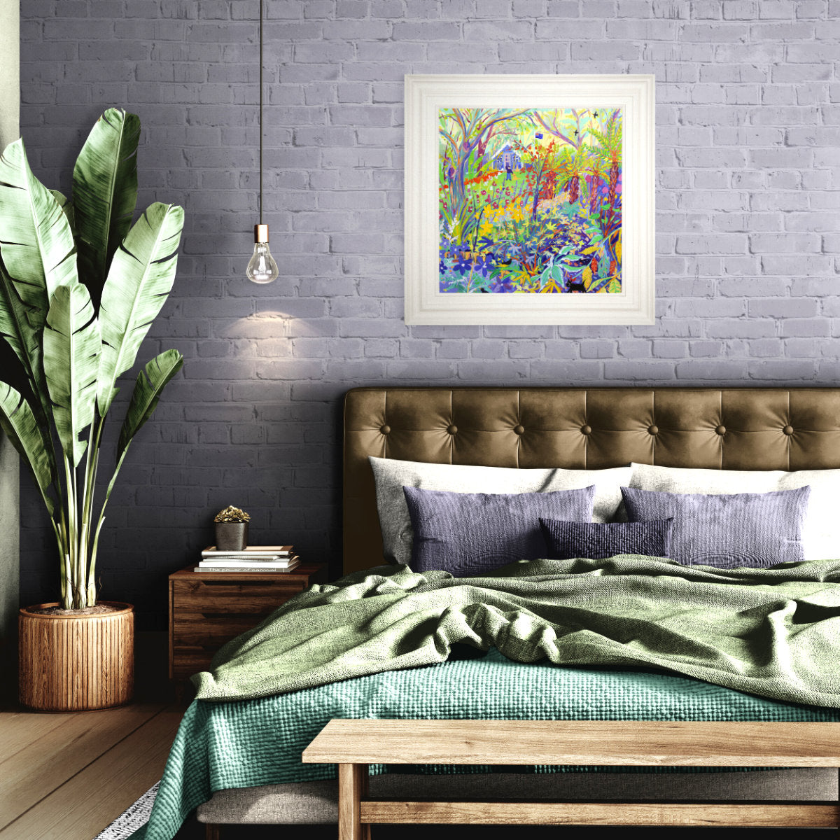 Original Painting by John Dyer. 'Alan Titchmarsh and the Tree Ferns, Barleywood.' BBC Gardeners' World Garden. 24x24 inches acrylic on canvas shown in a luxury bedroom setting with feature plant
