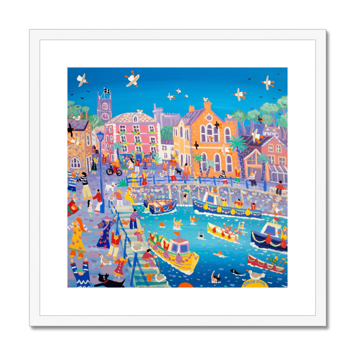 John Dyer Framed Open Edition Cornish Art Print. 'Happy Holidays, Fowey'. Cornwall Art Gallery
