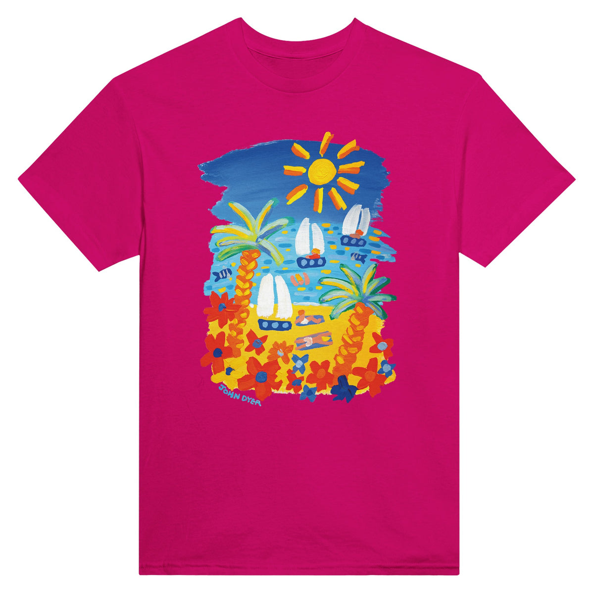 Pink Magenta Surf John Dyer Unisex Seaside &#39;Beach Vibes&#39; Art Cornwall T-Shirt. Cornwall Art Gallery