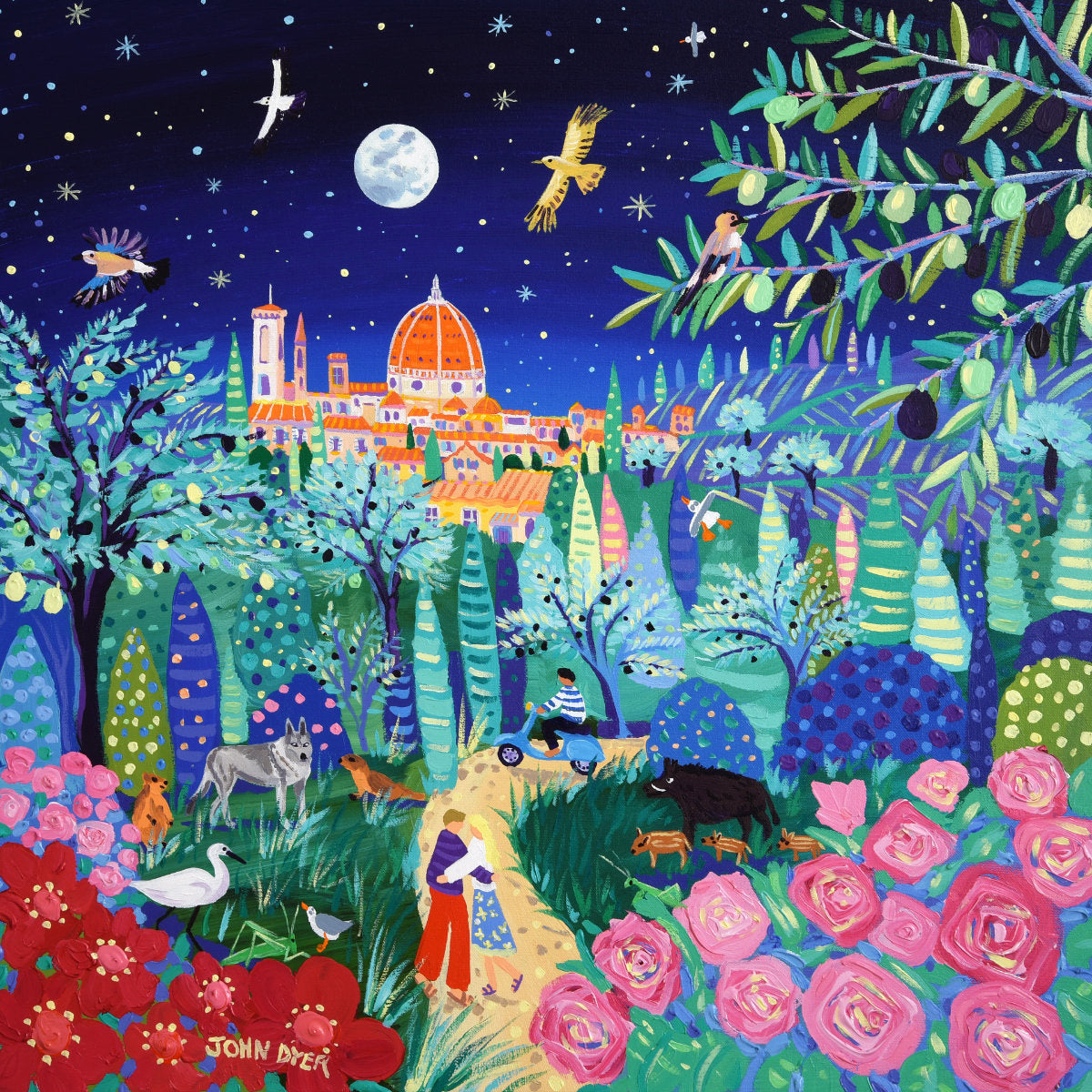 &#39;Enchanted Encounter Under the Tuscan Moon, Florence, Italy&#39;, 24x24 inches acrylic on canvas. Italian Painting by British Artist John Dyer.