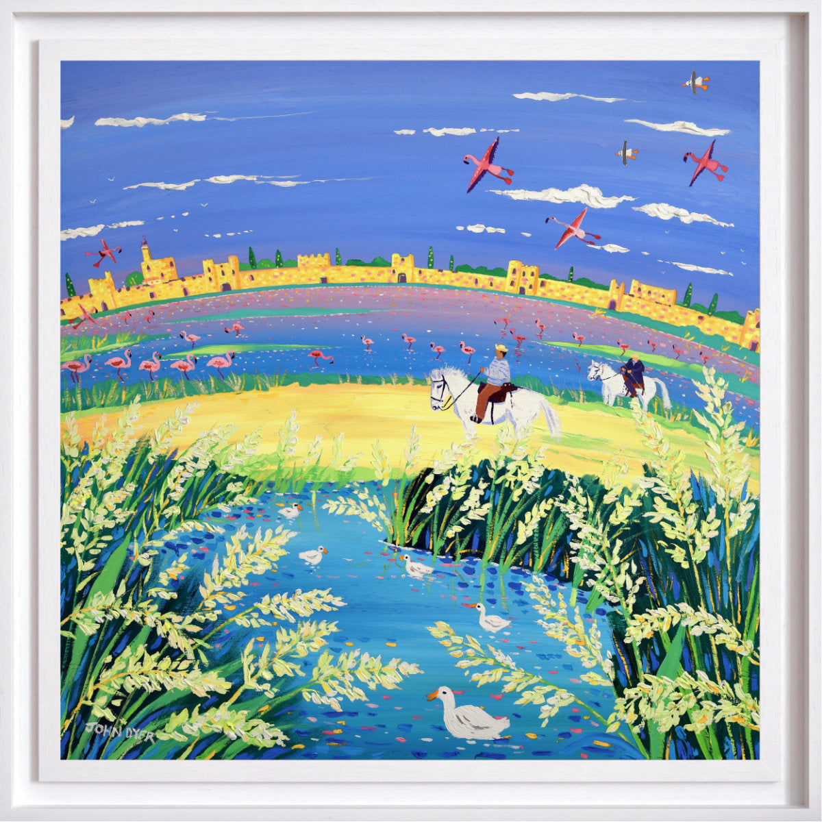Colorful painting of a landscape with people on horses, flamingos. 'The Spirit of the Camargue, Rice and Flamingoes, Aigues-Mortes'. 35.5 x 35.5 inches acrylic on canvas. Painting of Provence, France by John Dyer