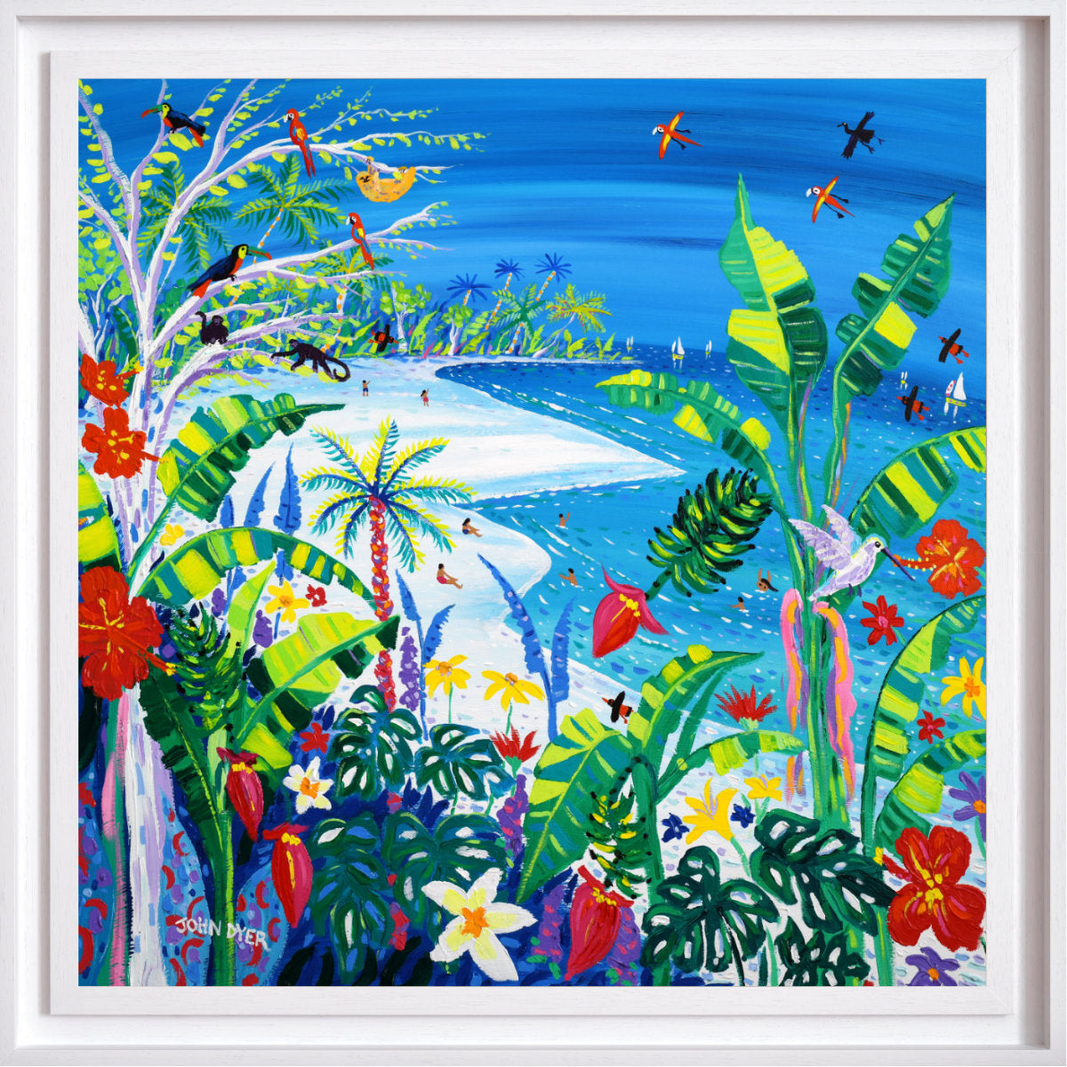 Colorful tropical scene with palm trees, flowers, and animals on a blue background. 'Costa Rican Jungle Beach Paradise', 35.5 x 35.5 inches acrylic on canvas. John Dyer Painting of the Caribbean Rainforest