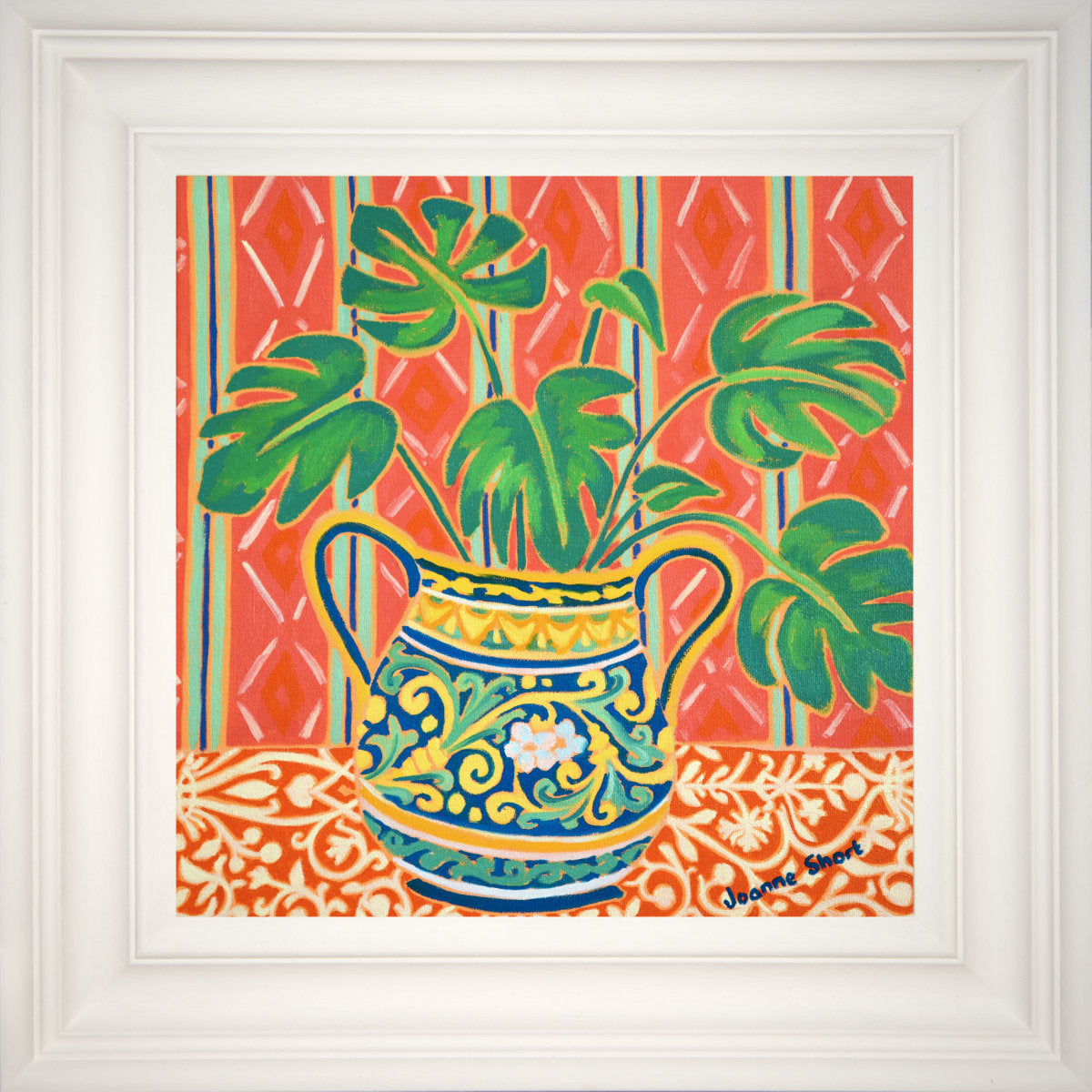 &#39;My Favourite Cheese Plant in a Painted Pot&#39;. 12x12 inches original art oil on canvas by Cornish artist Joanne Short