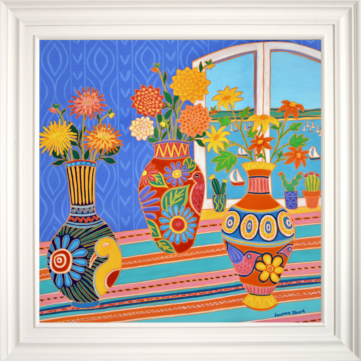 &#39;Fiesta of Flowers in Mexican Vases&#39;, 30x30 inches oil on canvas. Original Painting by British Artist Joanne Short