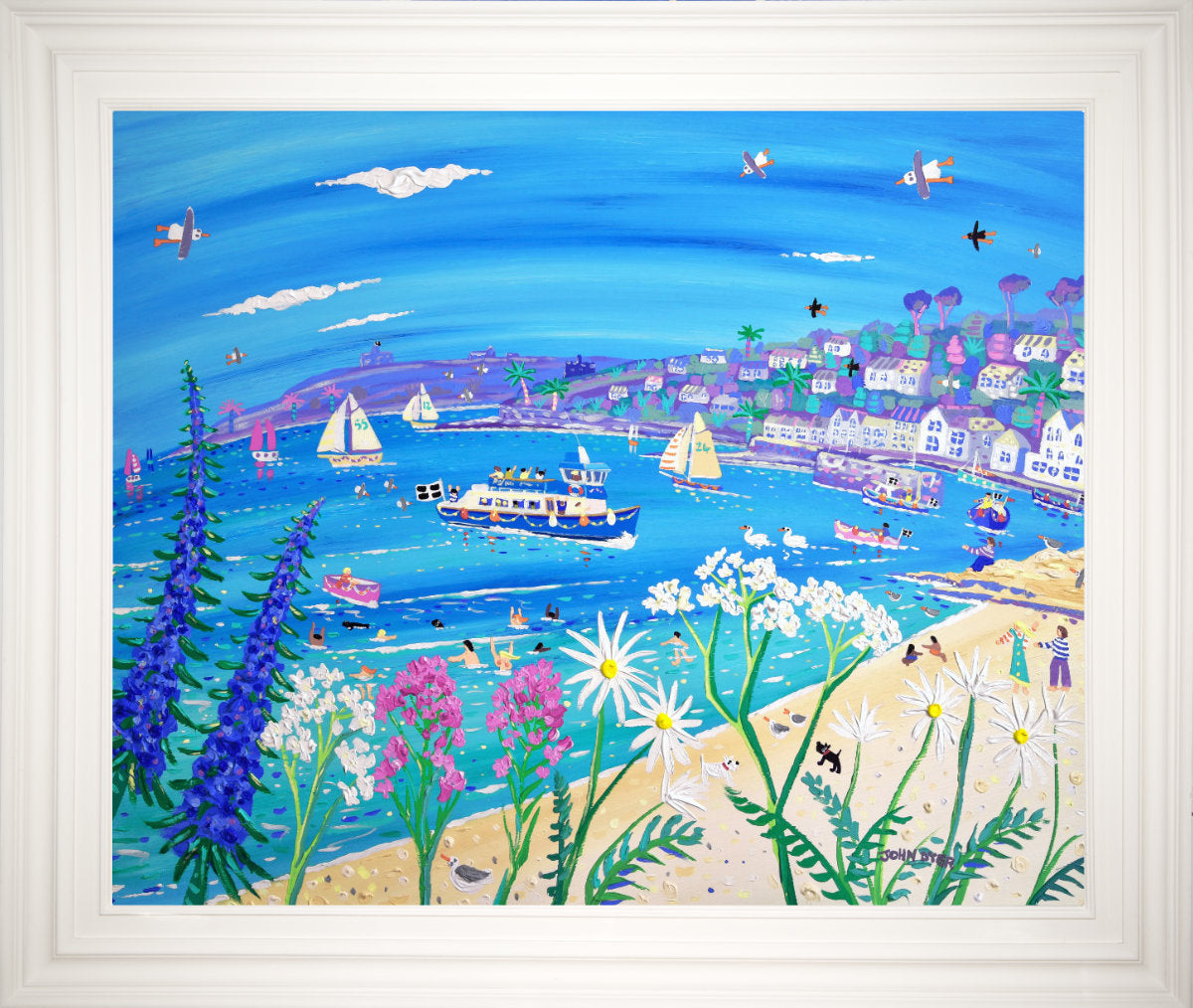 'Boats in the Morning Light, St Mawes'. 33x40 inches original art acrylic on board. Paintings of Cornwall by Cornish Artist John Dyer. Cornwall Art Gallery