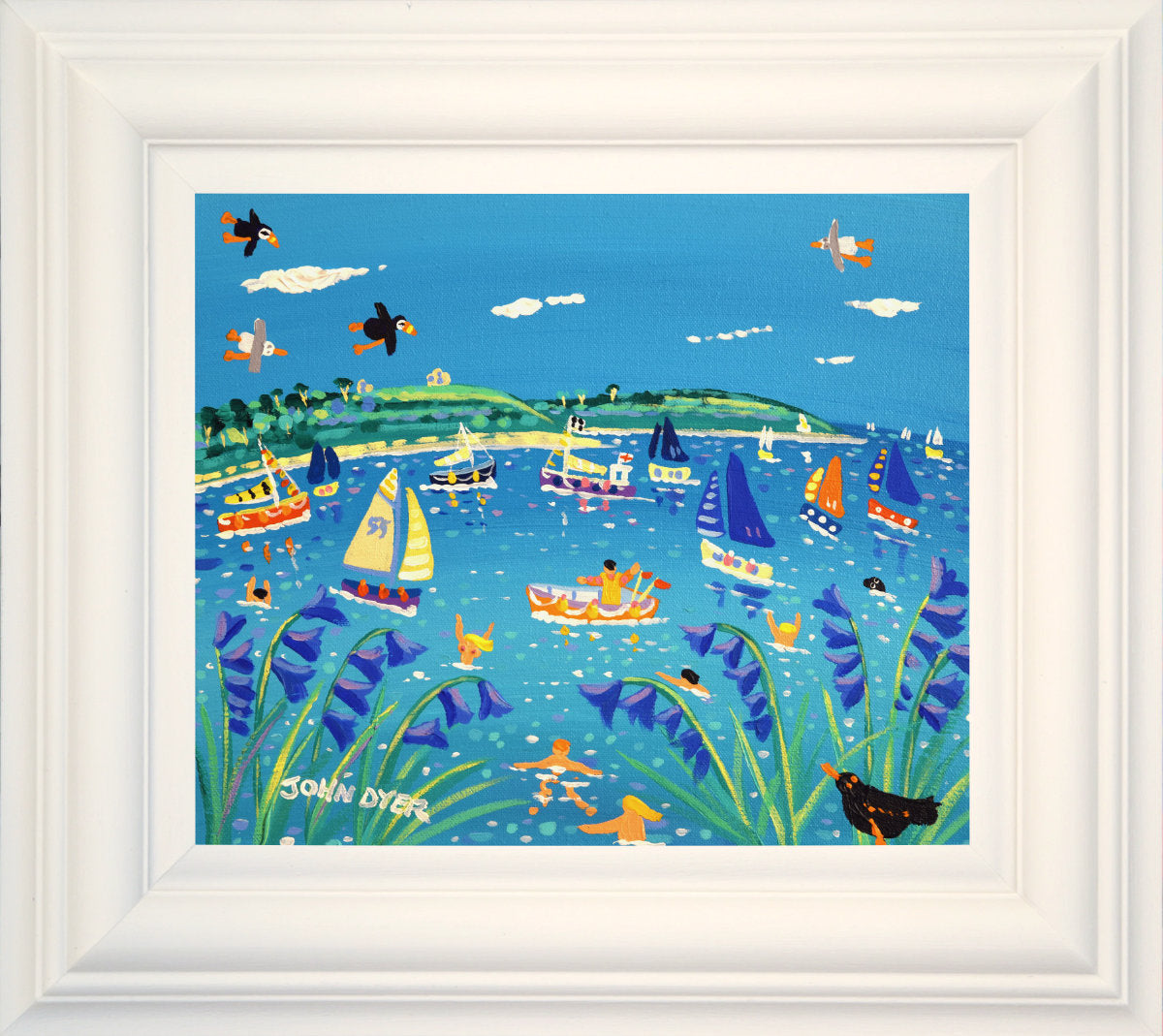 'Swimming and Sailing, Falmouth Bay', 10x12 inches acrylic on canvas. Coastal Painting of Cornwall. Cornish Artist John Dyer. Cornwall Art Gallery