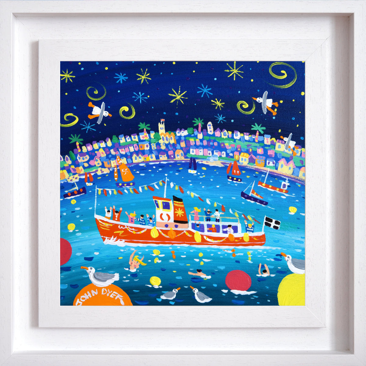'Falmouth Harbour Fun'. 12 x 12 inches acrylic on canvas. Painting of Cornwall by John Dyer