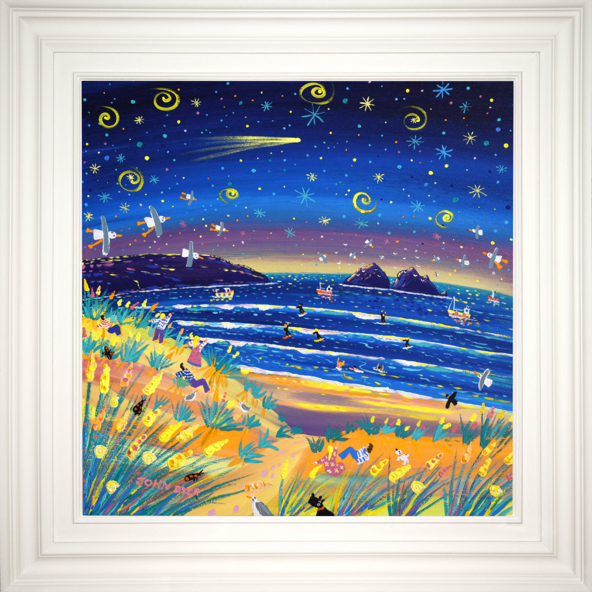 &#39;Celestial Night, Holywell Bay&#39;, 24x24 inches acrylic on canvas. Cornwall Painting by Cornish Artist John Dyer