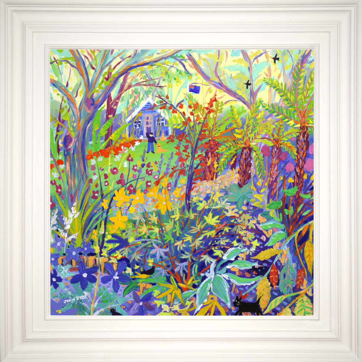 Vibrant, colorful painting of a lush garden scene with dense foliage, flowers, trees, a small house in the background, and black cats in the foreground. Original Painting by John Dyer. 'Alan Titchmarsh and the Tree Ferns, Barleywood.' BBC Gardeners' World Garden. 24x24 inches acrylic on canvas