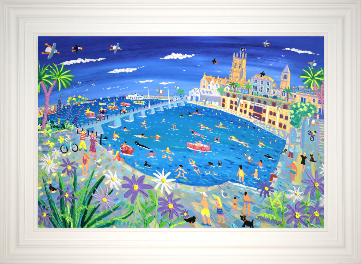 &#39;Summer Swimmers, Penzance&#39;, 24x36 inches acrylic on board. Cornwall Art Gallery Painting by Cornish Artist John Dyer