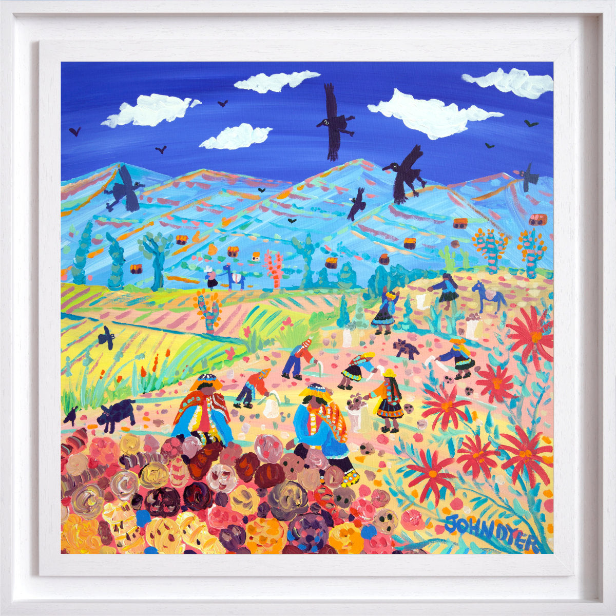Colorful artwork of people in a field with mountains and birds in the sky. 'Andean Potato Pickers, Amaru, Peru'. 24x24 inches acrylic on canvas. Paintings of Peru by John Dyer from our Online Art Gallery