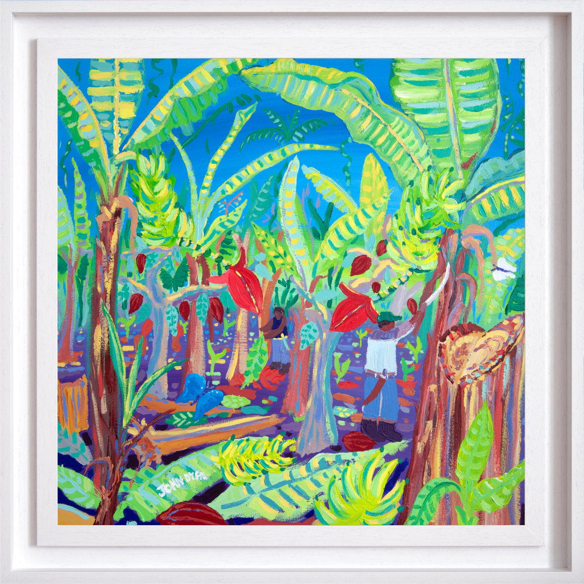 Colorful painting of a tropical scene with people and lush greenery 'Intercropping and Chopping, Costa Rica Bananas and Chocolate Trees', 24x24 inches acrylic on canvas. Tropical Costa Rica Painting by British Artist John Dyer
