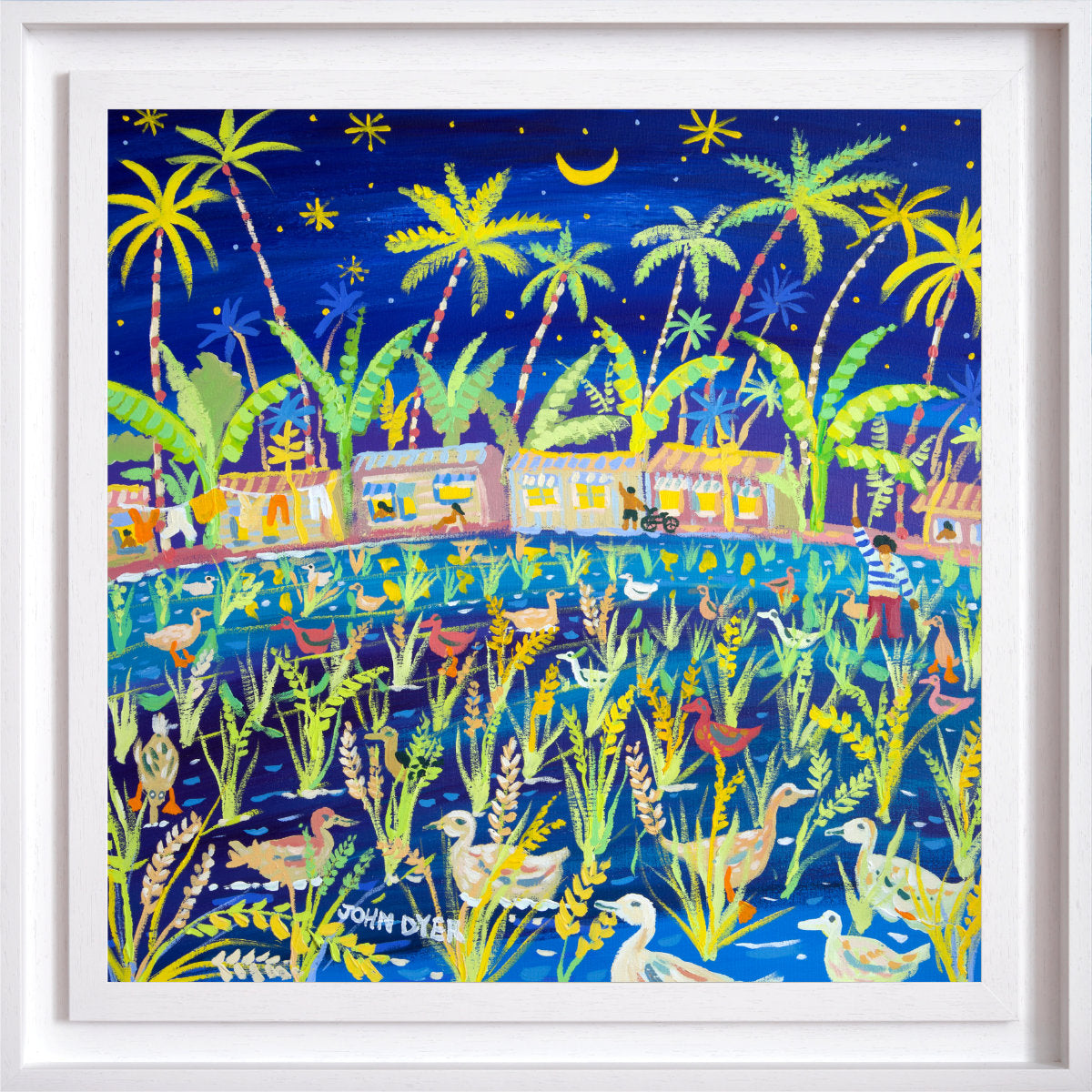 Colorful illustration of a tropical scene with palm trees, buildings, and ducks at night. 'Paddy Paddling, the Philippines Rice Harvest'. 24x24 inches acrylic on canvas. Paintings of Philippines by John Dyer from our Online Art Gallery